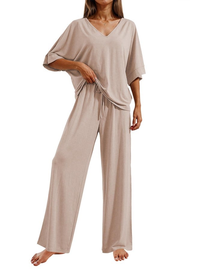 Ekouaer Womens Pajamas Short Sleeve Pullover Tops and Long Pants Pjs Loungewear Cozy 2 Piece Sets Airport Outfits,Beige,M - Image 1
